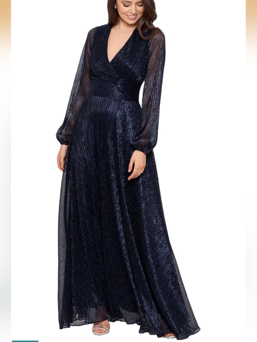 Betsy & Adam Navy Metallic Long Sleeve V-Neck Maxi Dress